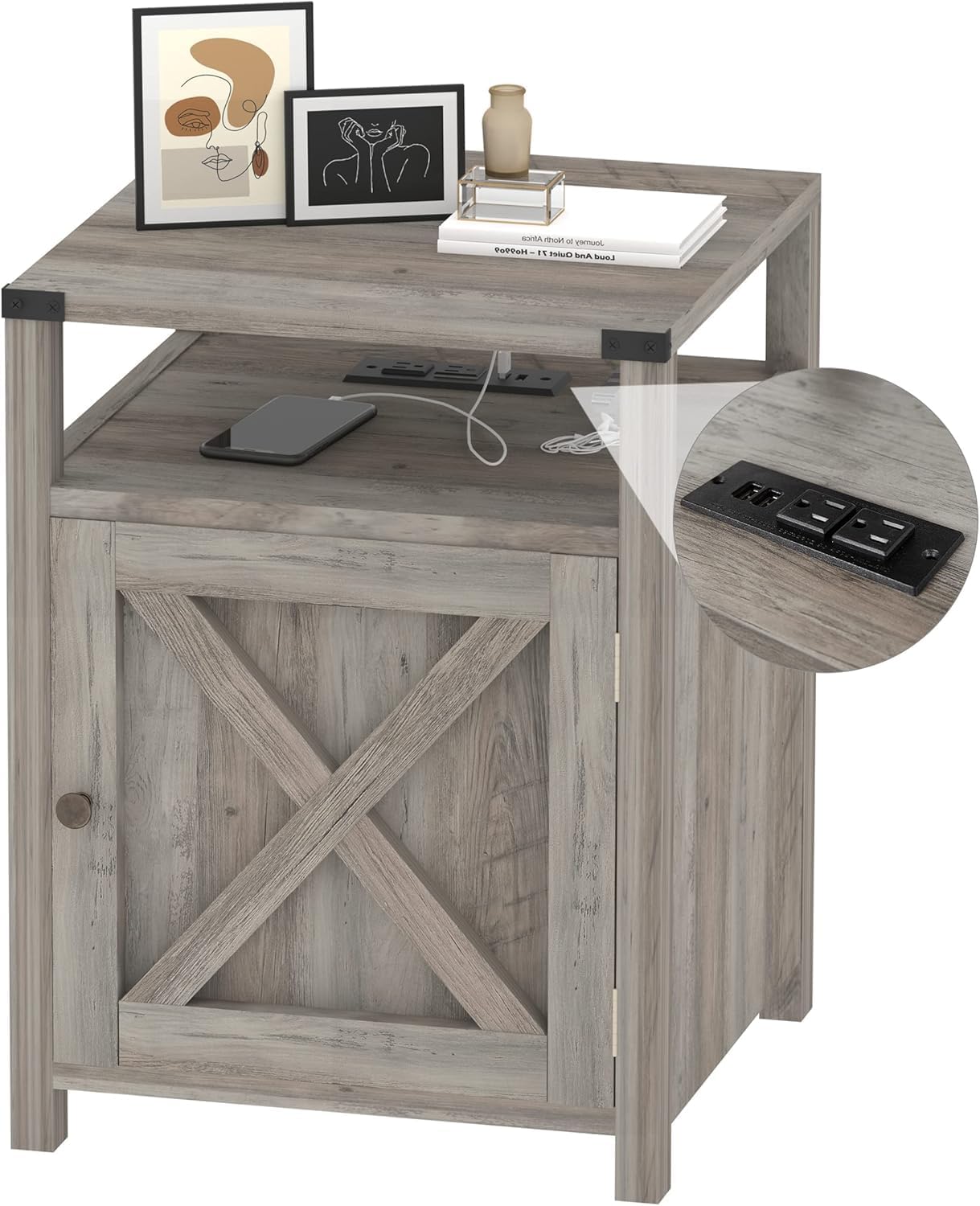 Farmhouse Nightstand Set of 2 with Charging Station, Rustic End Table Bedroom with Storage Living Room Side Table Dark Oak Night Stand Industrial Bedside Bed Table with USB Ports and Outlets