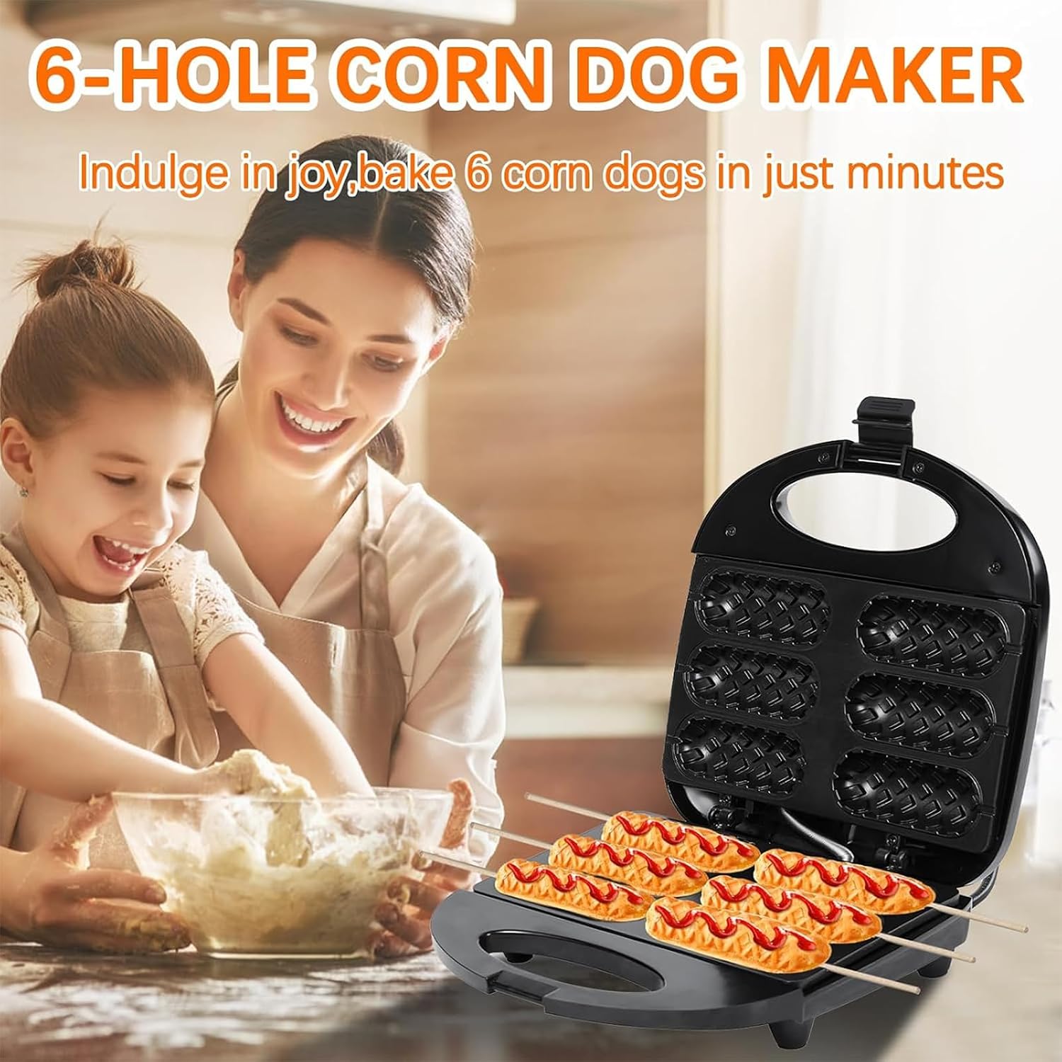 Corn Dog Maker, Hot Dog Waffle Machine with Non-stick Coating Plate, Double Sided Circulation Heating and Make 6 Corn Dogs, Easy To Use and Store for Restaurant Bake