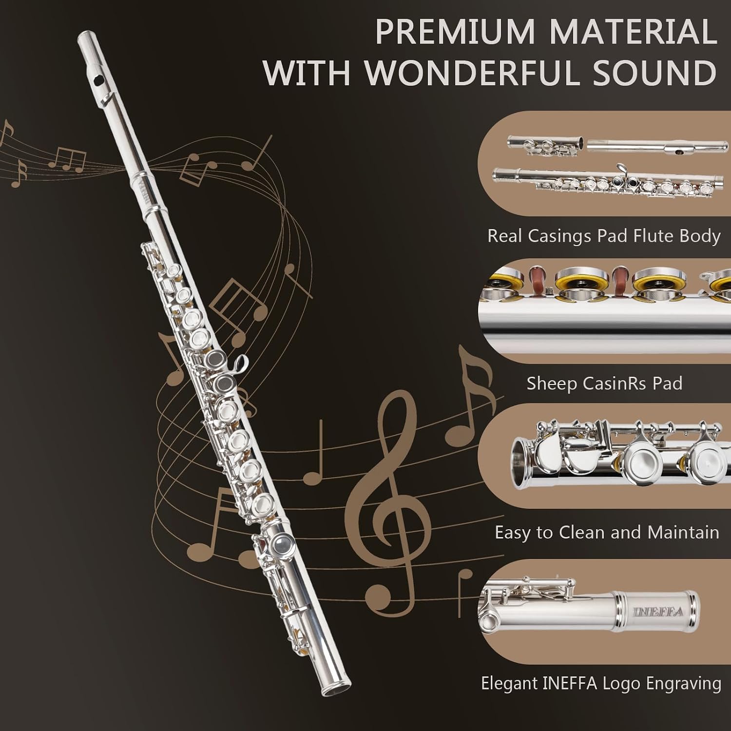 Professional Silver Plated C Flute for Beginners and All Levels, 16 Key Closed Hole with Ergonomic Design, Includes Carrying Case, Gloves, Cleaning Cloth, Tuning Rod, INEFFA
