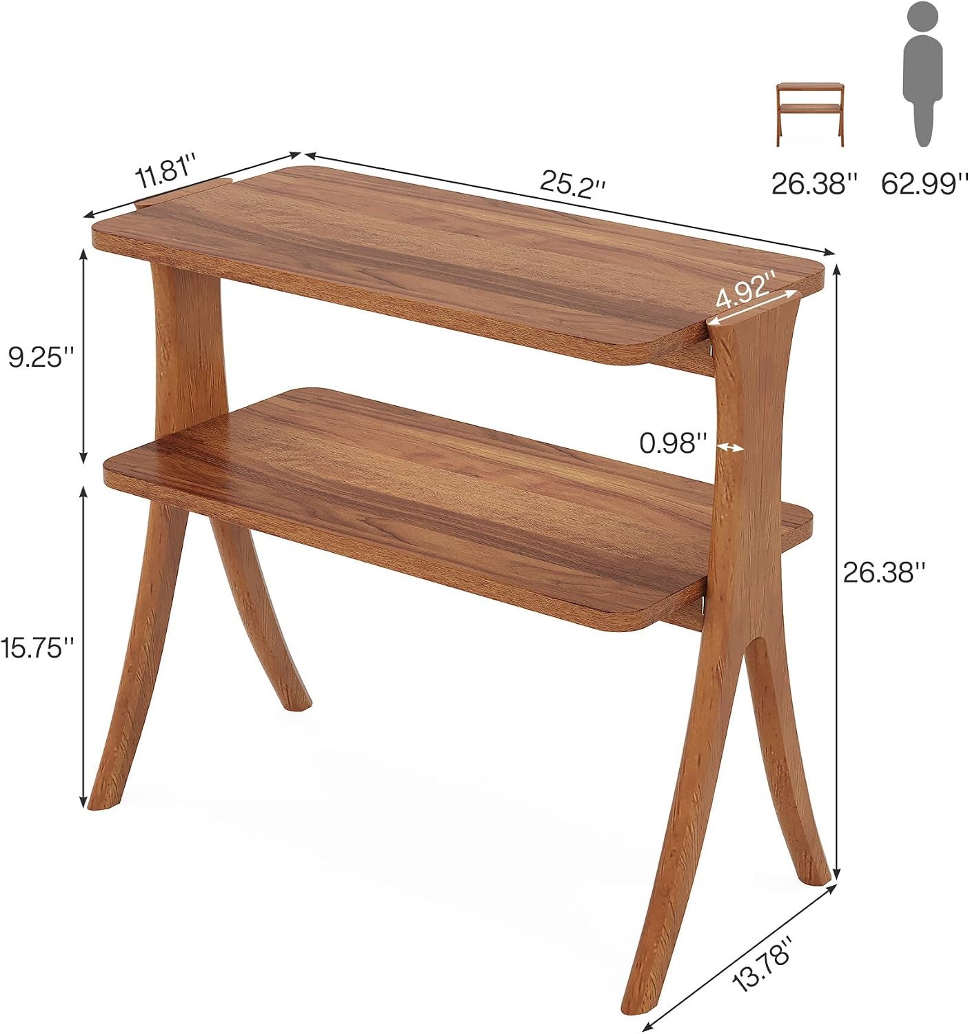 Tribesigns Walnut Side Table Set of 2, Narrow End Table with 2-Tier Storage Shelf and Solid Wood Legs, Slim Modern Bedside Table Nightstand for Living Room, Bedroom, Small Spaces (2)