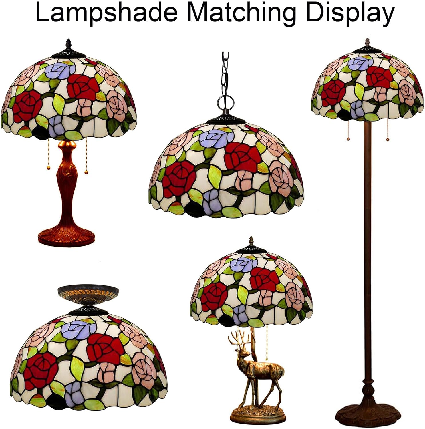 Tiffany Rose Lamp Shade Replacement 16X9 Inch Vintage Stained Glass Lampshades Only with Cap Christmas Home Decor Red Blue Pink Design Light Cover for Table lamp Pendant Light Floor Lamp