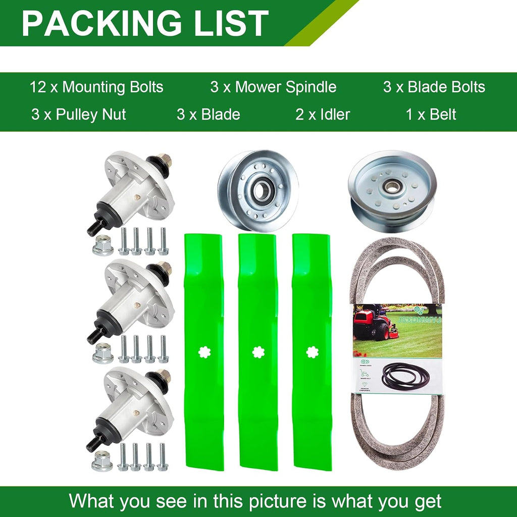 48 Inch Mower Deck Rebuild Kit - Fits John Deere E160 E140 E150 E170 3 Spindles (GY20454 GY21098) 3 Blades (GY20852) 2 Idler Pulley (GY20067 GY22082) 1 Belt (GX20571)