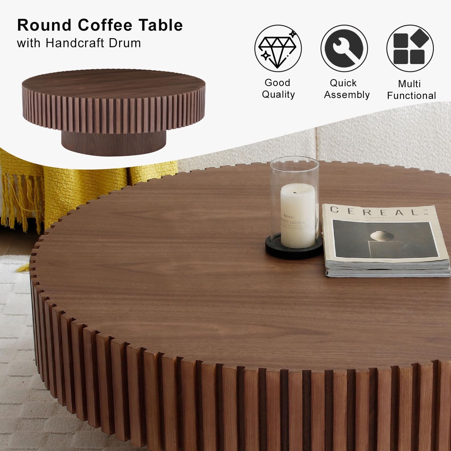 31' Round Coffee Table for Living Room, Mid Century Modern Coffee Table with Sturdy Pedestal, Circle Center Table Accent Tea Table for Apartment Walnut
