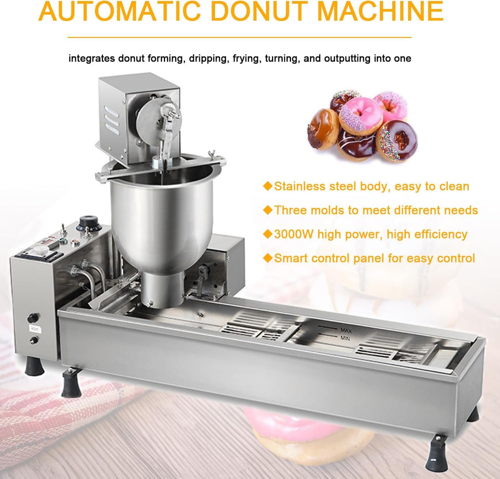 Automatic Donut Making Machine, Commercial Single Row Donut Machine with 3 Different Sizes Ring Molds, Frying Donuts Maker, Large Capacity, 7L Hopper, for Bakery, Food Cart