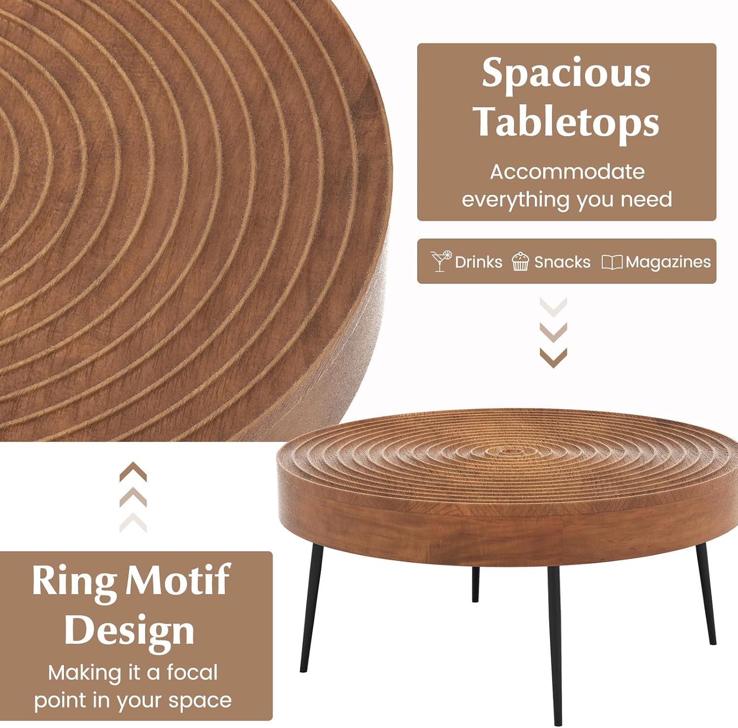 Giantex Boho Round Coffee Table Set of 2, Sofa Side Nesting Table with Solid Pine Wood Top, Metal Legs & Adjustable Foot Pads, 31.5' D Large Table Set for Living Room (Ring Pattern, Brown)