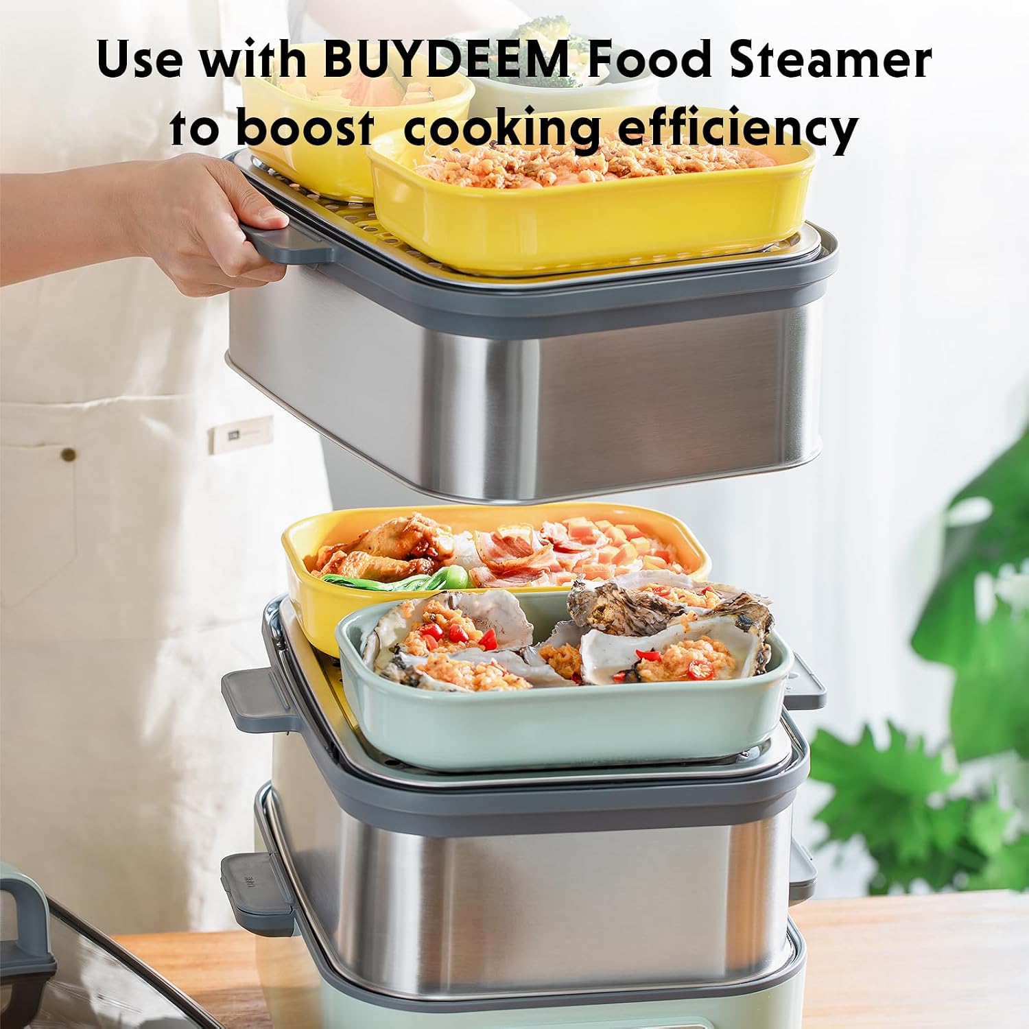 BUYDEEM G52 10.6 Quart Electric Food Steamer Bundle with CT3008 Ceramic Food Storage Container 35 oz Cozy Greenish
