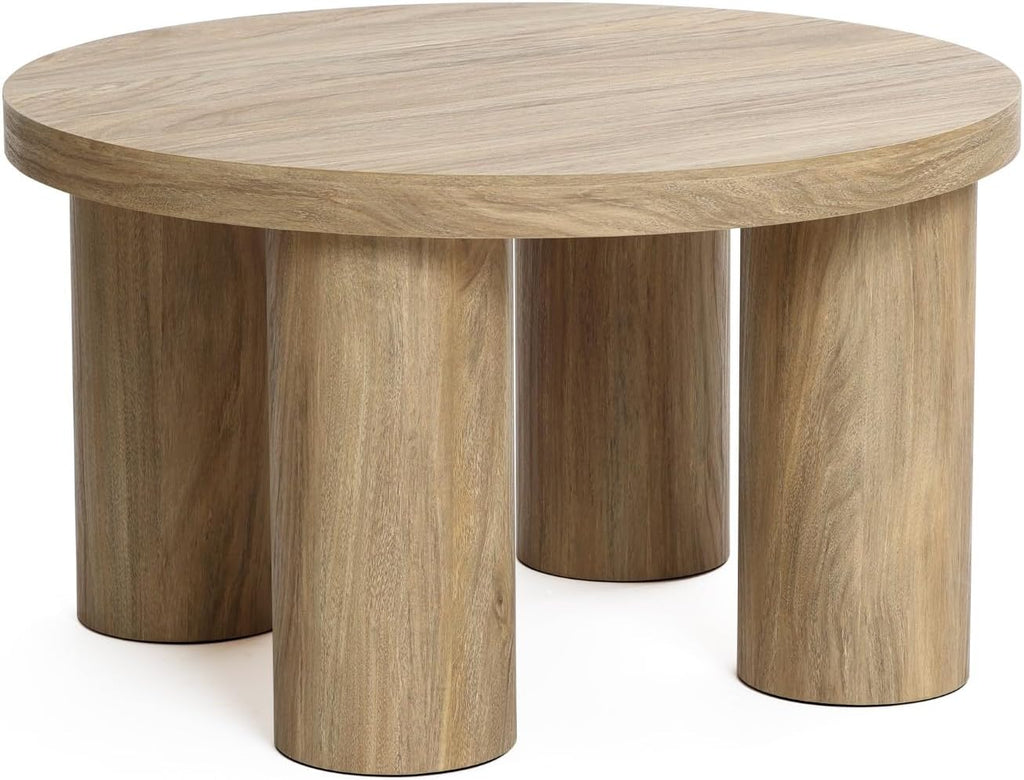 LuxenHome Round Coffee Table with 4 Pillar Legs, 27.5'' Wide Accent Center Table, Modern Farmhouse Oak Finish Wooden Low Cocktail Tea End Table with Sturdy Base for Living Room Home Office