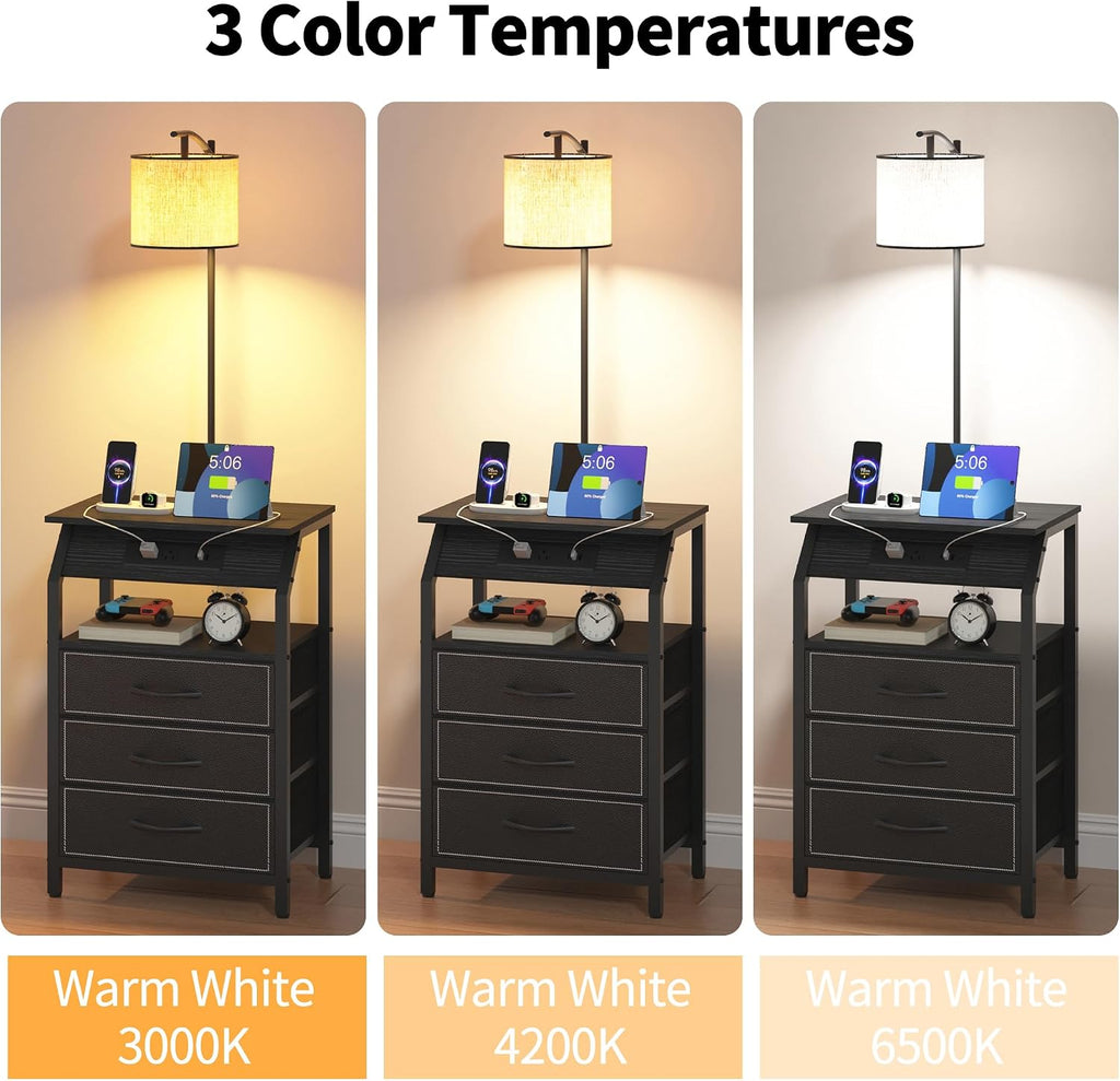 End Table with Floor Lamp Set of 2, Nightstand with Charging Station, Floor Lamp Table with 3-Color Temperature Bulb, Bedside Table Night Stand with 3 Drawers for Bedroom, Living Room, Black