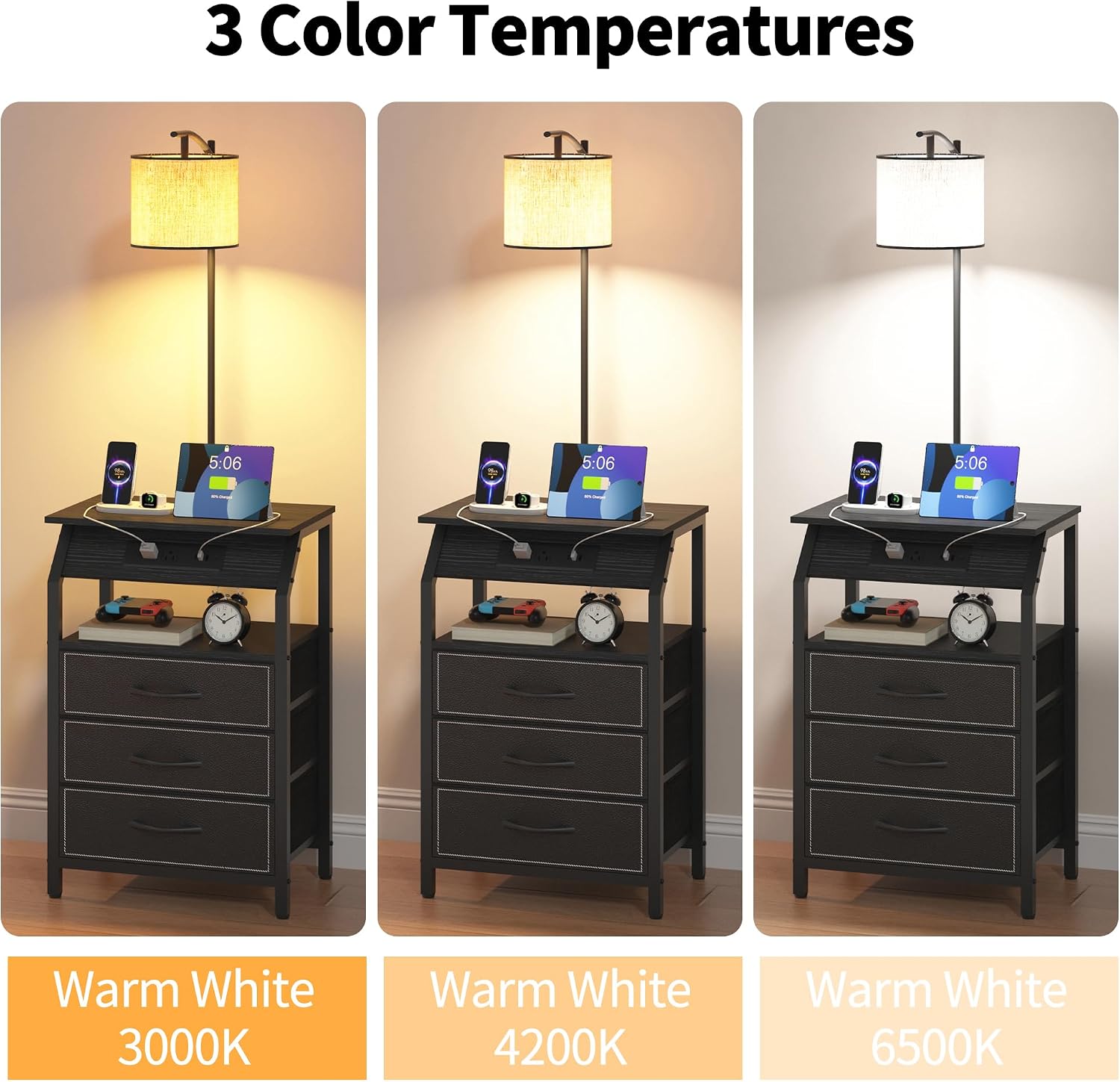 End Table with Floor Lamp Set of 2, Nightstand with Charging Station, Floor Lamp Table with 3-Color Temperature Bulb, Bedside Table Night Stand with 3 Drawers for Bedroom, Living Room, Black