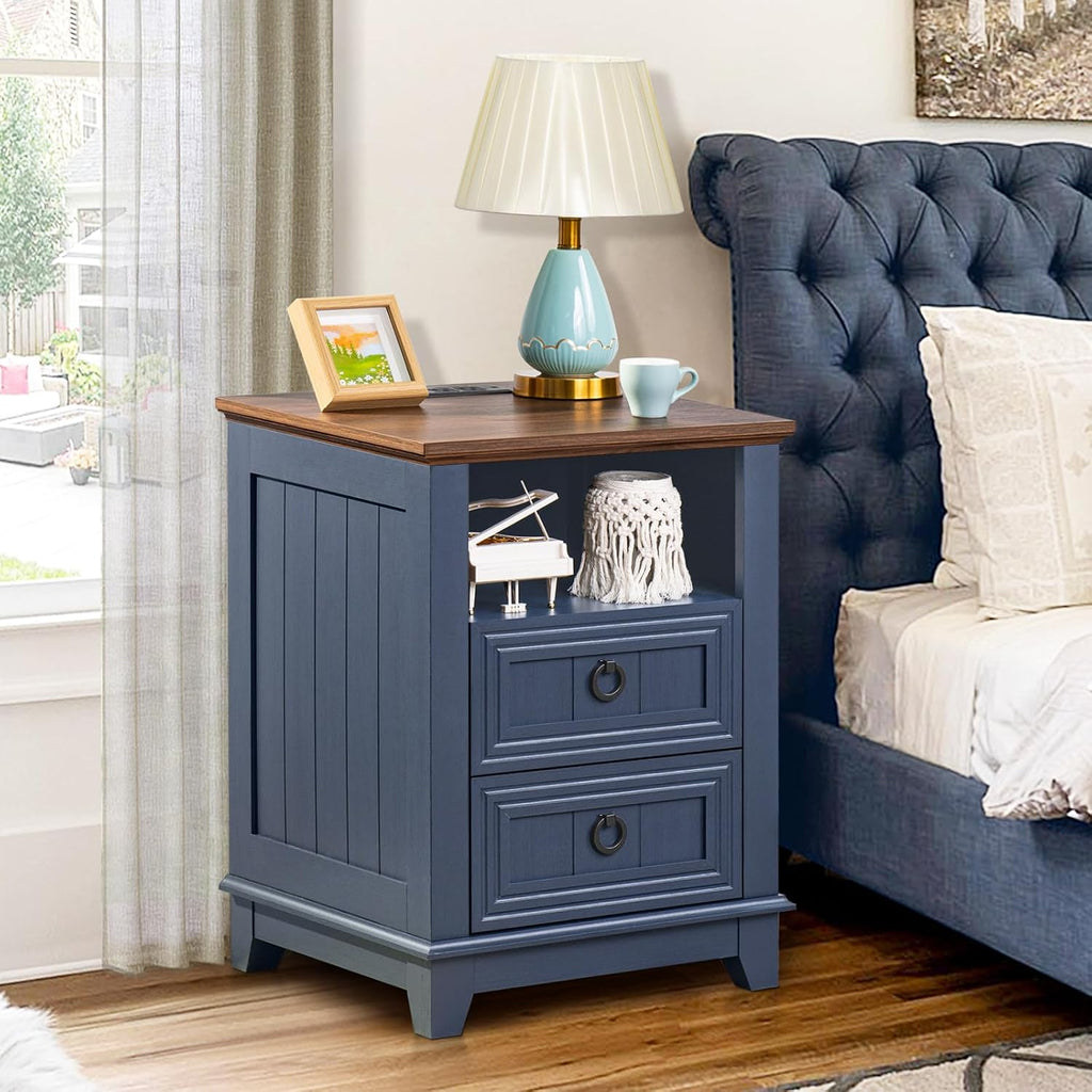Joaxswe 18' Farmhouse Night Stands Set of 2 with Charging Station, 2 Drawers End Table Dresser for Bedroom, Blue Wooden Nightstand, Bed Side Table with Open Shelf, Bedside Cabinet for Living Room