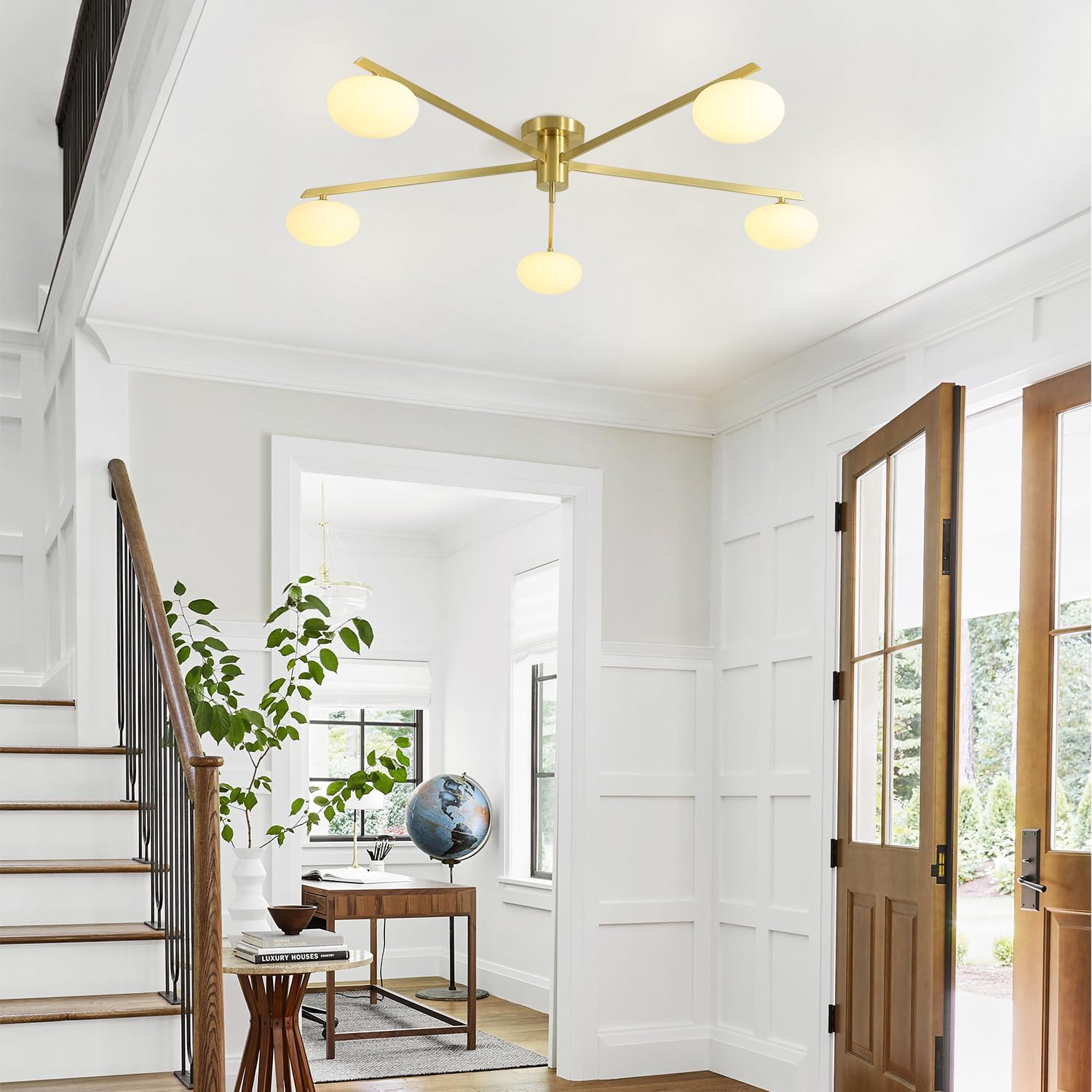 5 Lights Industrial Semi Flush Mount Ceiling Light Fixture Gold Modern Sputnik Chandelier Ceiling Light Fixtures Globe Sputnik Ceiling Lamp Glass Close to Ceiling Light Fixtures MCL05-GD