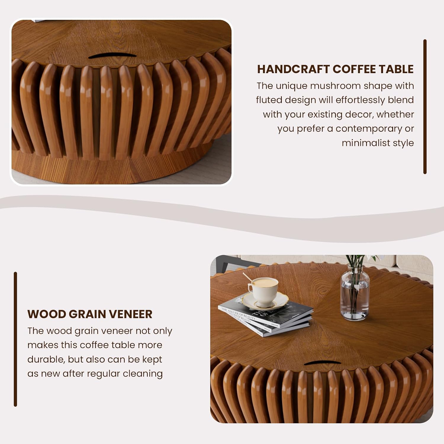 Round Coffee Table with Storage, Mid Century Modern Drum Coffee Table for Living Room, Fluted Circle Center Table with Sturdy Pedestal, Accent Tea Table for Apartment (35.4' Brown with Storage)