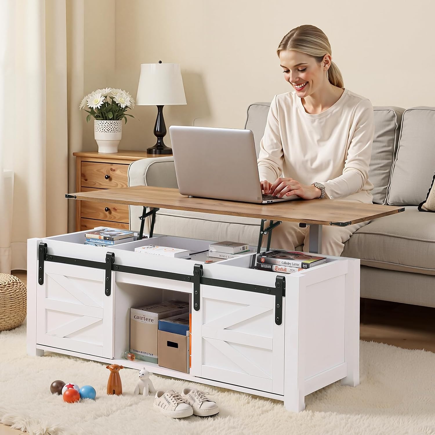 VEVOR 47.2'' Farmhouse Lift Top Coffee Table with Sliding Barn Door, Rustic Center Table with Hidden Storage Compartment, Rectangle Lifting Large Tabletop for Living Room, Office, Easy Assembly, White