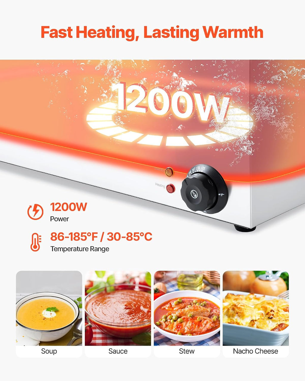 VEVOR 24QT Commercial Food Warmer, 5-Pan Electric Steam Table, 1200W Professional Countertop Stainless Steel Buffet Bain Marie with 86-185°F Temp Control for Catering, Buffet, Parties, Restaurants