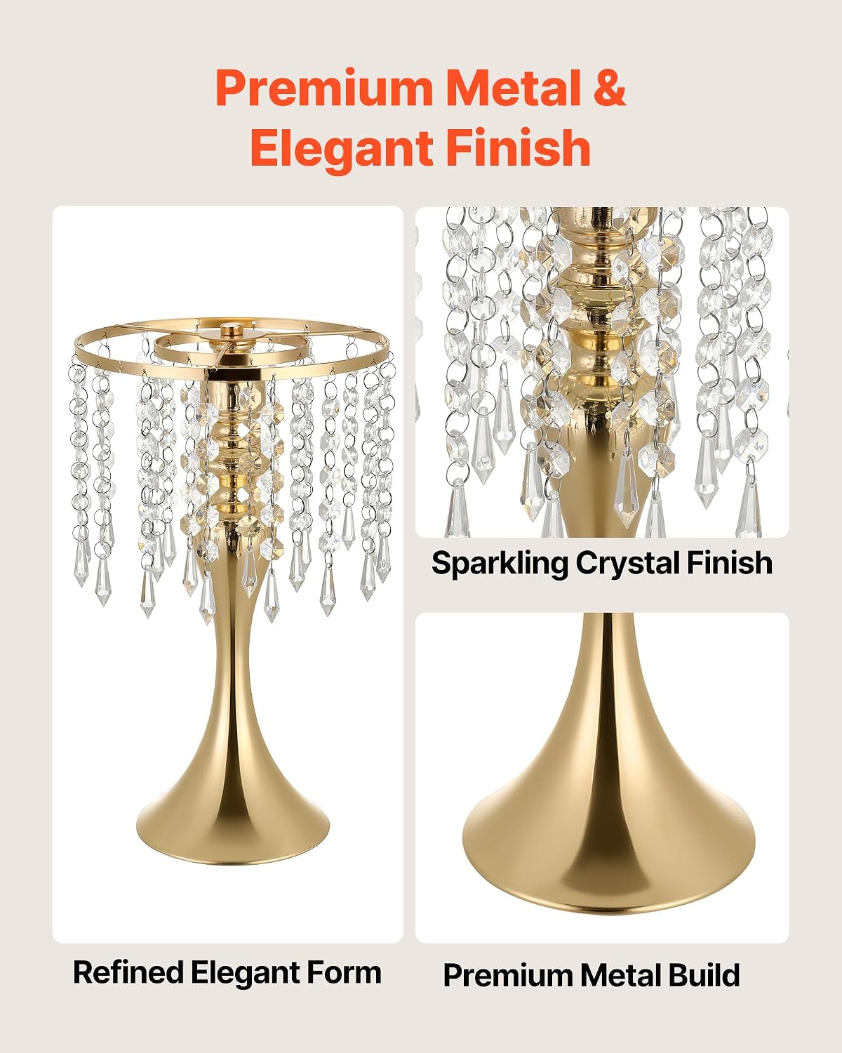 VEVOR 20 PCS Wedding Flower Vase, 13.4 in Tall Flower Table Centerpieces, Crystal Banquet Vases Easy Installation, Electroplated Finish, Versatile Arrangement Stand for Party Events Home Decor, Gold