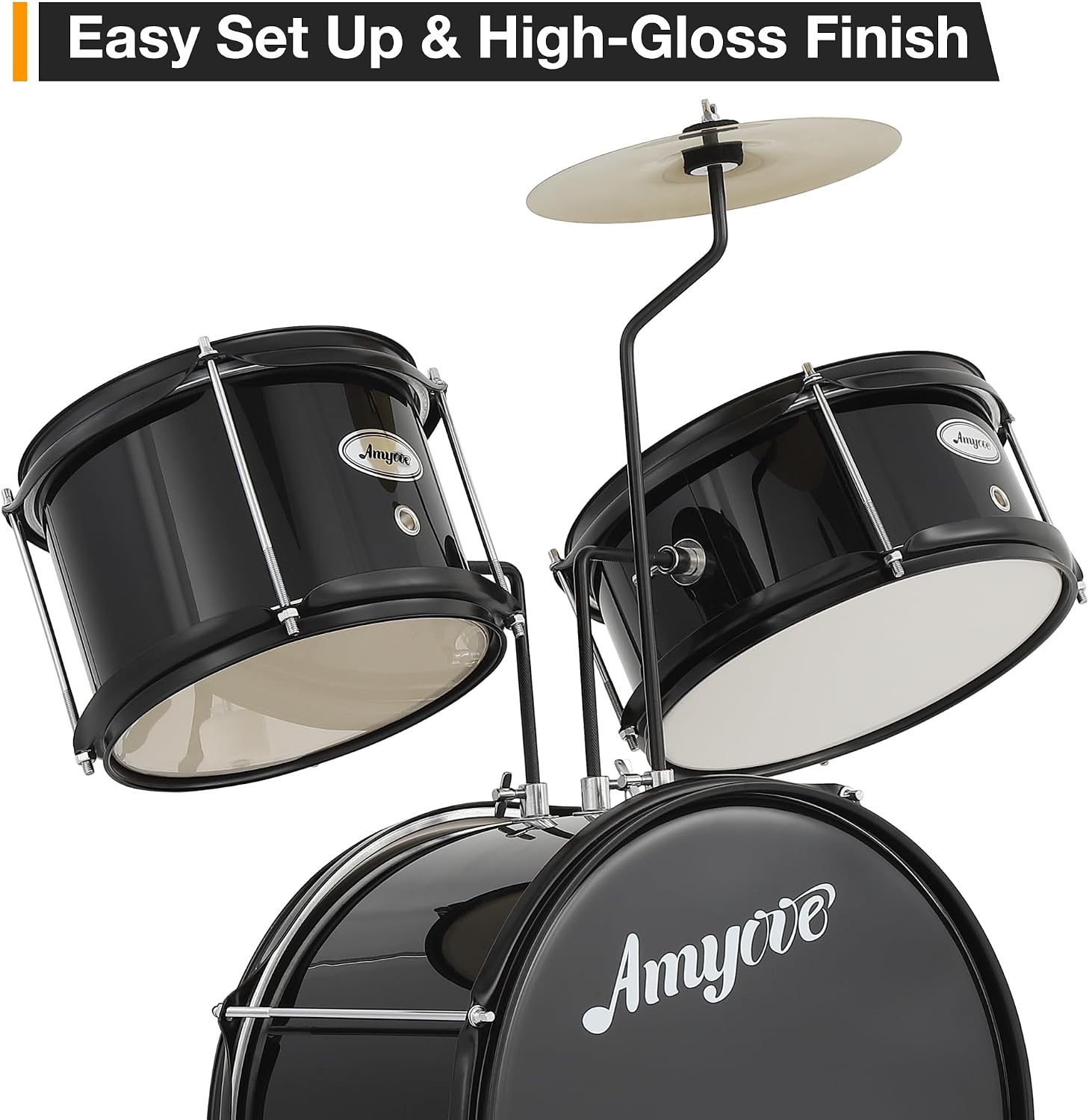3-Piece Beginner Drum Set, Beginner Drum Set,with Bass Tom Snare Drum, 14 Inch Drum Kit with Snare, Cymbal, Drumsticks, Adjustable Seat (Metallic Black)