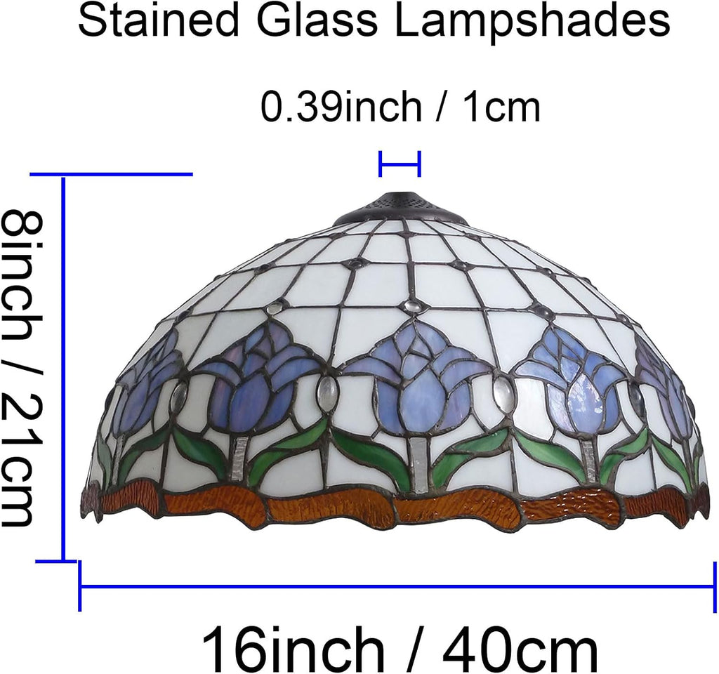 Tiffany Lamp Shade 16' Wide Accessories Replacement Only Blue Tulip Stained Glass Lampshades Vintage Flower Green Leaf Glass Beads Light Cover for Table Lamp Floor Lamp Pendant Light Ceiling