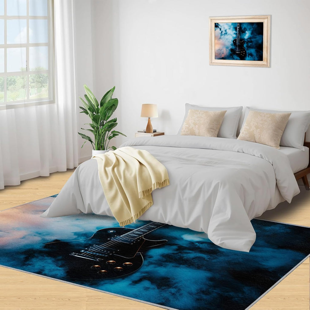 Guitar Rug for Bedroom 5x6 Rug Electric Guitar Rugs, Rock Music Theme Home Decor, Non Slip Washable Large Rugs, Musical Instrument Carpet for Boys and Girls Teen Playroom