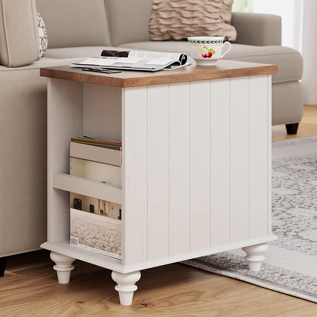WAMPAT White End Table with Charging Station, Wood Side Table with 1 Drawer &1 Storage Cabinet, Mid Century Modern Nightstand with Power Outlets & USB Ports for Living Room, Bedroom