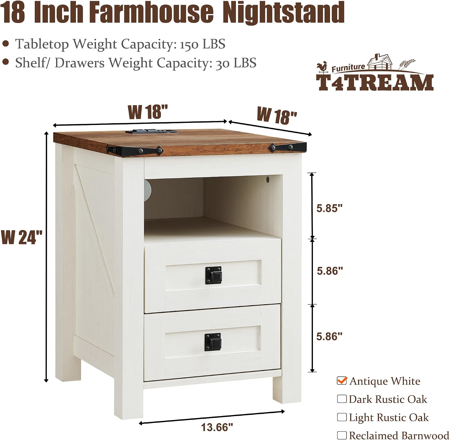 T4TREAM Nightstand with Charging Station, End Table, Side Table with 2 Drawers Storage Cabinet for Bedroom, Living Room, Farmhouse Design, Wood Rustic, Antique White