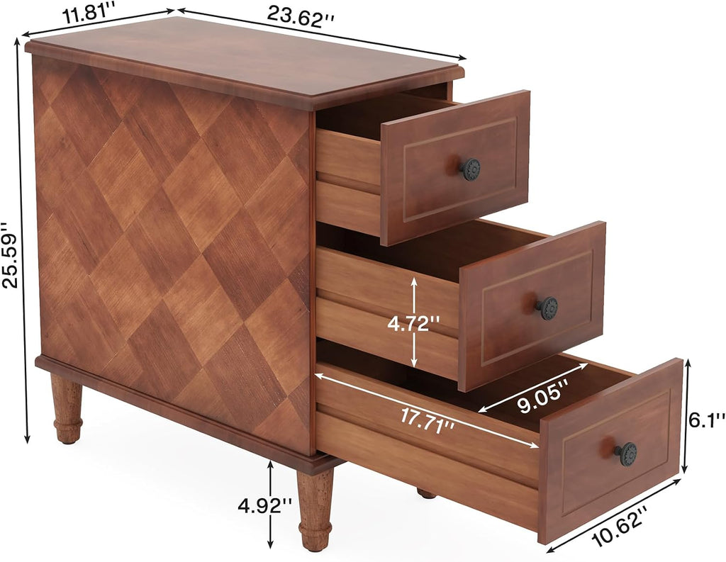 Tribesigns Solid Wood End Table Set of 2, Fully Assembled Narrow Side Table with Drawers, Pre-Assembled Nightstand Slim Bedside Table for Small Spaces, Living Room, Bedroom, Brown