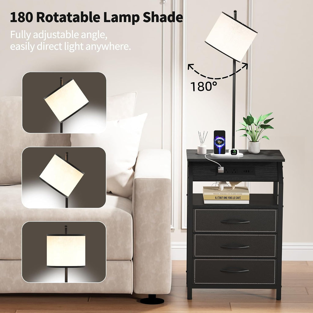 End Table with Floor Lamp Set of 2, Nightstand with Charging Station, Floor Lamp Table with 3-Color Temperature Bulb, Bedside Table Night Stand with 3 Drawers for Bedroom, Living Room, Black
