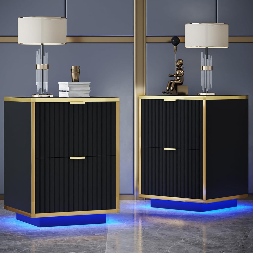 4ever2buy Black and Gold Nightstand Set of 2, Modern Bedside Table with LED Lights, End Table for Bedroom Living Room