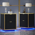 4ever2buy Black and Gold Nightstand Set of 2, Modern Bedside Table with LED Lights, End Table for Bedroom Living Room