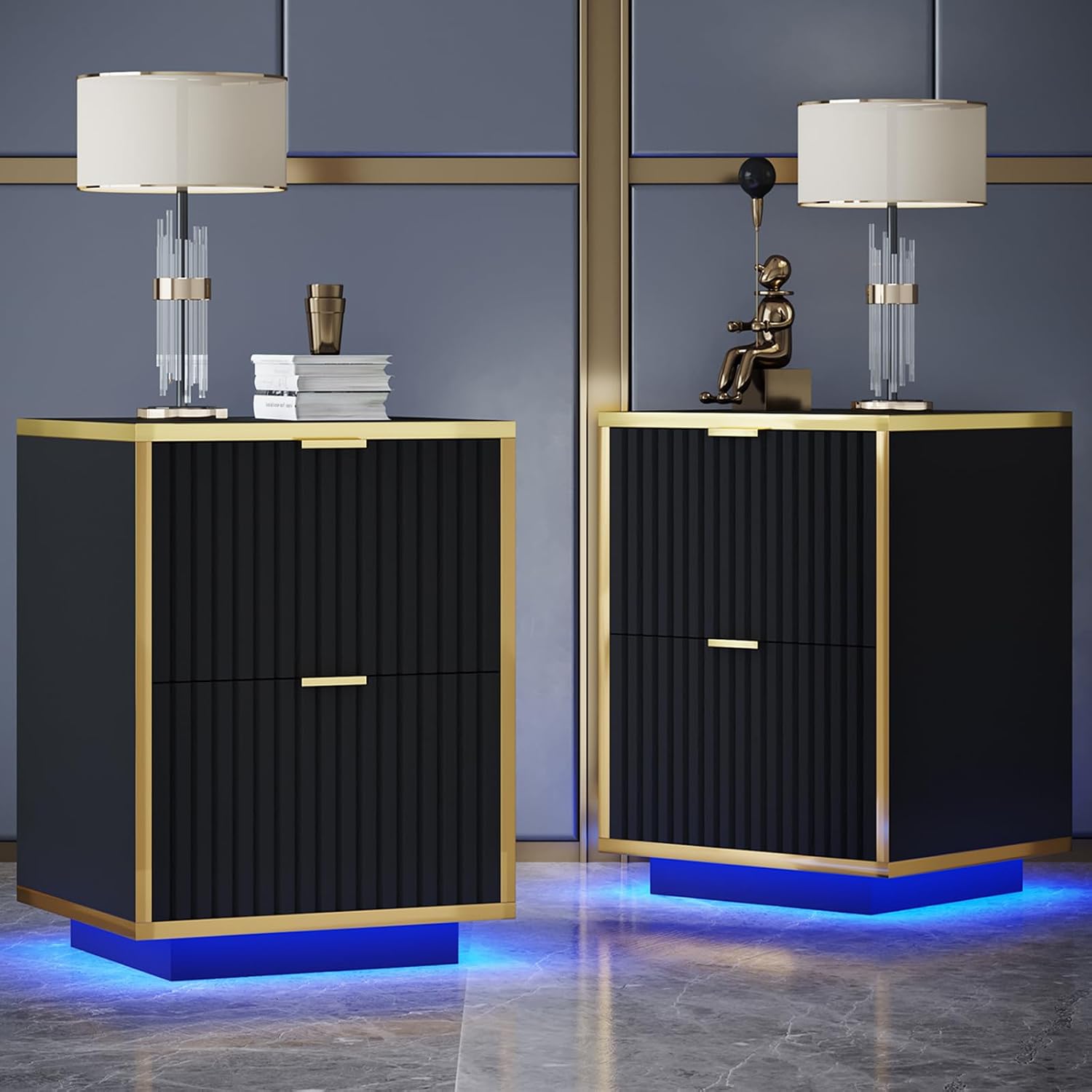 4ever2buy Black and Gold Nightstand Set of 2, Modern Bedside Table with LED Lights, End Table for Bedroom Living Room