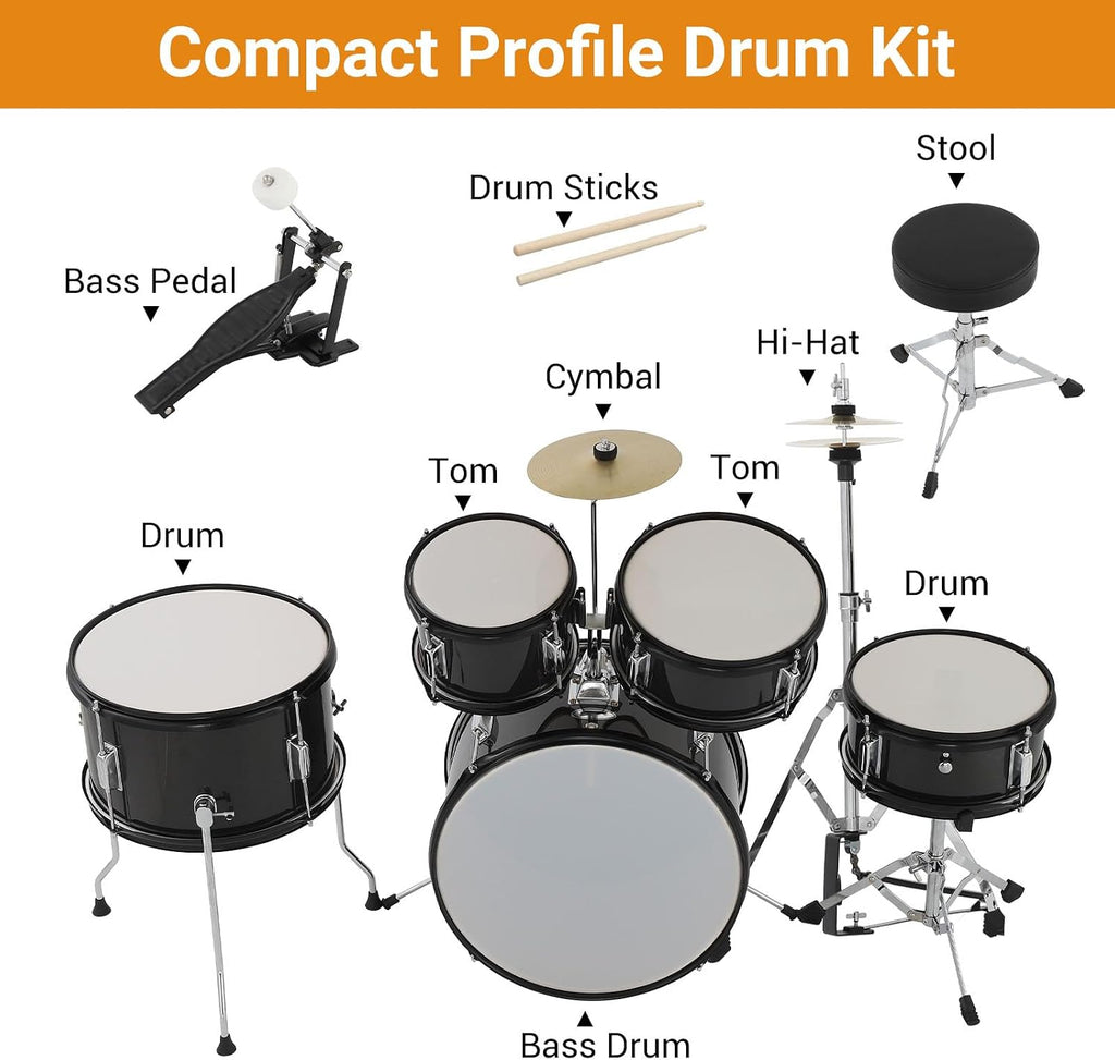 5-Piece 16 Inch Kids Drum Set, Junior Drum Kit with Bass Drum, Snare, 2 Toms, Cymbal, Hi-Hat, Throne Stool, Drumsticks & Pedals, Musical Gift for Beginner Students Ages 4+(Black)