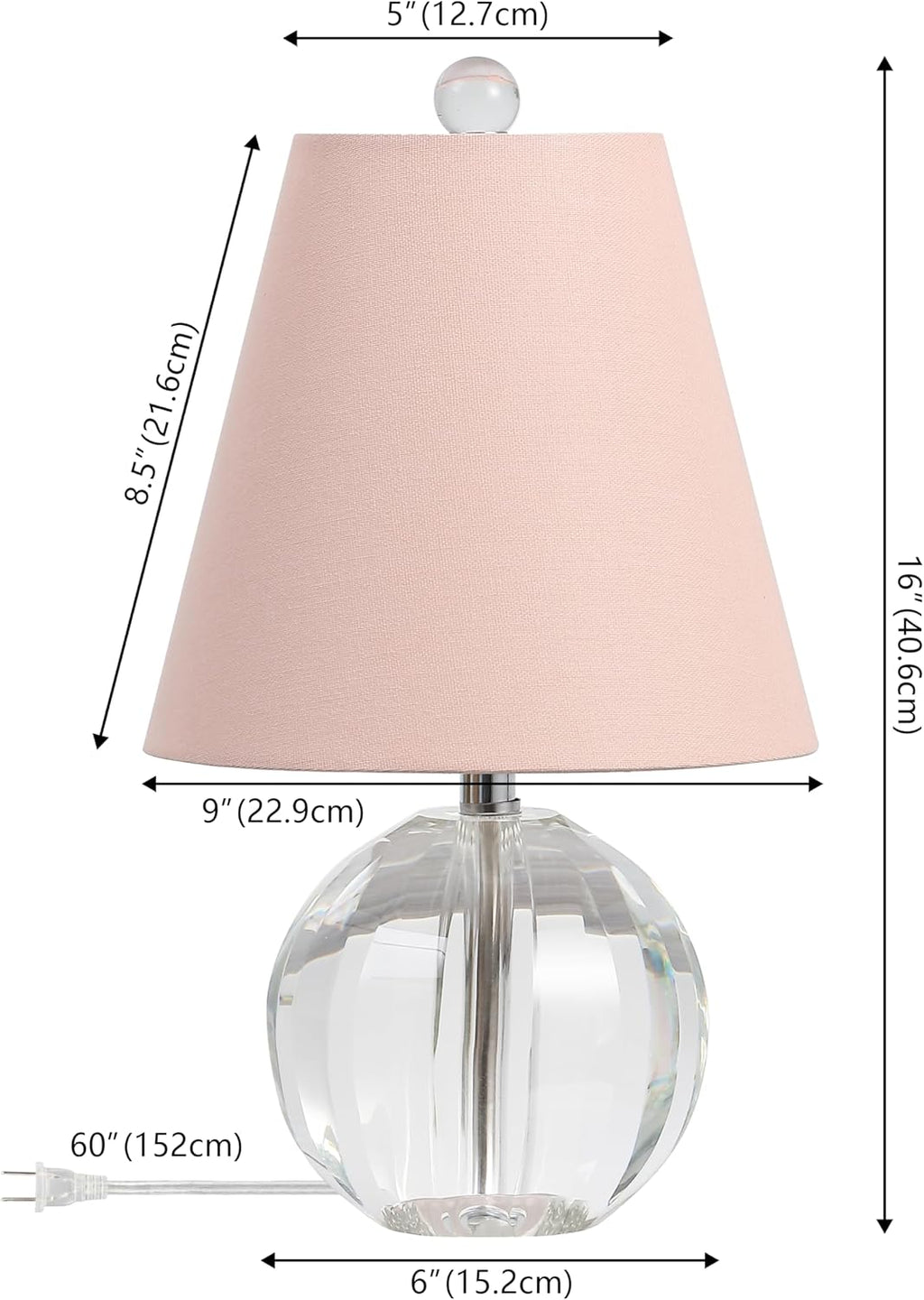 JONATHAN Y 16' Clear/Pink Crystal Ball LED Table Lamp, White Modern Bedside Lamp, with White Linen Empire Shade, Glam Orb Glass Nightstand Lamp for Living Room, LED Bulb (JYL2079C)