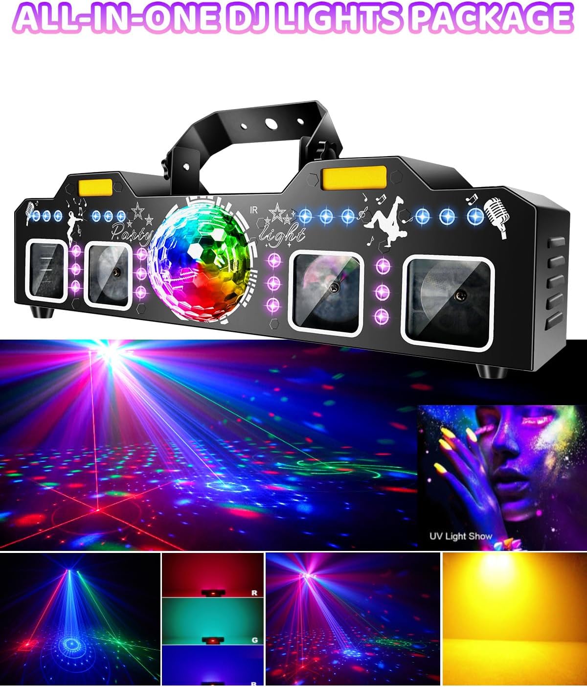 Telbum DJ Lights with Stand, 7 in 1 DJ Light for Party, DMX & Sound Activated Laser Light Show, Disco Ball & UV Strobe Effect Stage Lights Package for Gig Bar Band Events Wedding Christmas