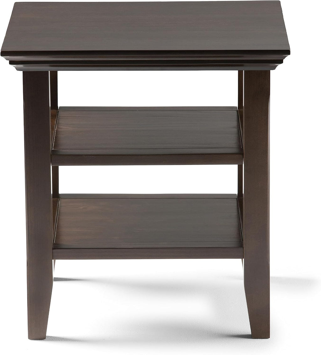 SIMPLIHOME Acadian End Table - 19 inch Wide Solid Wood Square Side Table with 2 Open Shelves in Brunette Brown, Transitional Nightstand or Shelving Unit for Living Room or Bedroom with Storage
