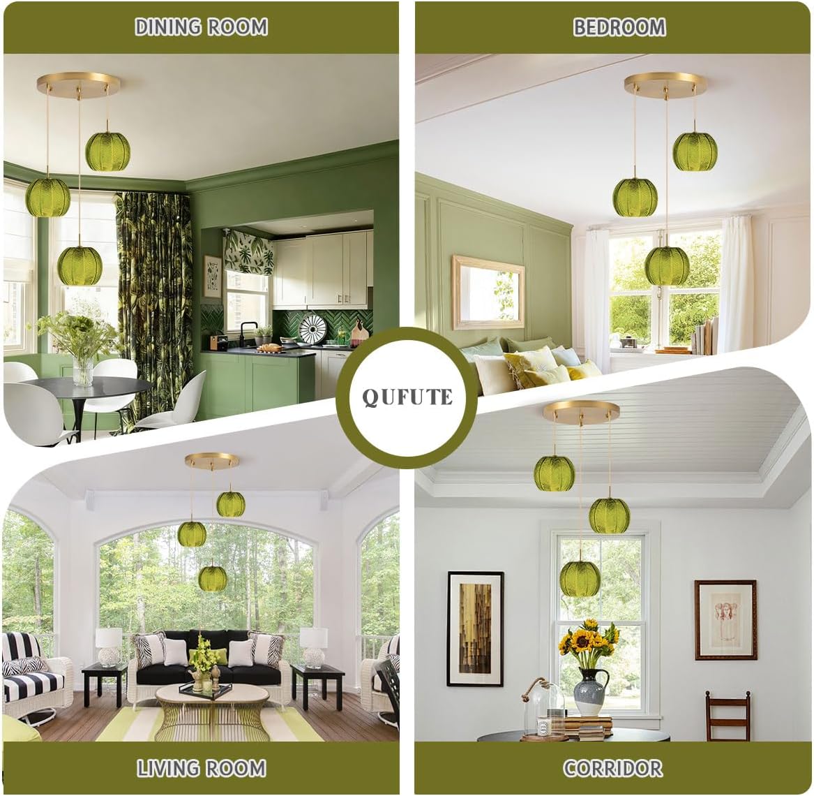 Dark Green Chandelier Cluster 3-Light Glass Globe Hanging Pendant Lights Fixtures Gold Sputnik Ceiling Pendant Lights with Ribbed Glass Ball Shade Mid Century Modern Chandelier