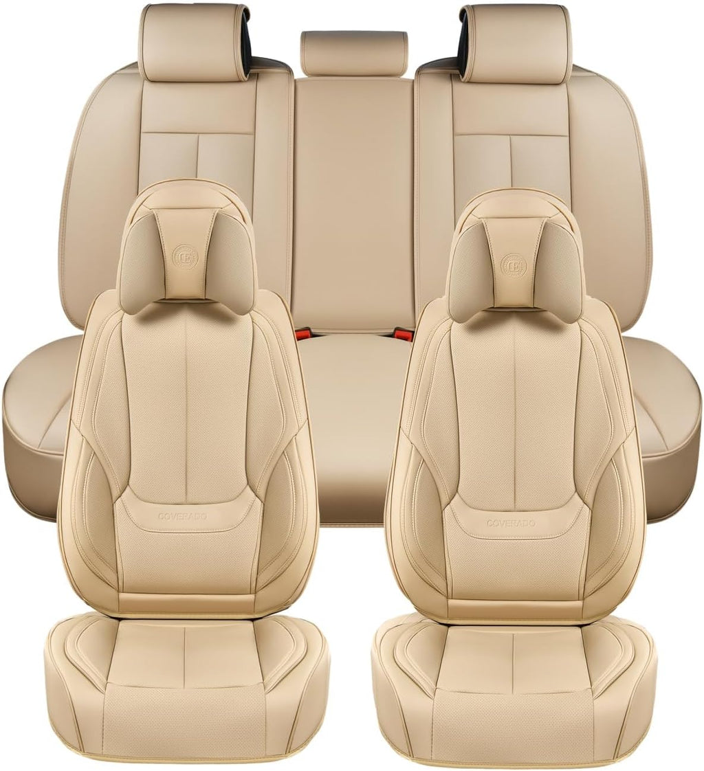 Coverado Universal Seat Covers Full Set, 5 Seats Universal Seat Covers for Cars, Waterproof NAPPA Leather Car Seat Covers with Head Pillow, Seat Protectors Fit for Most Sedans SUV Pick-up Truck, Beige