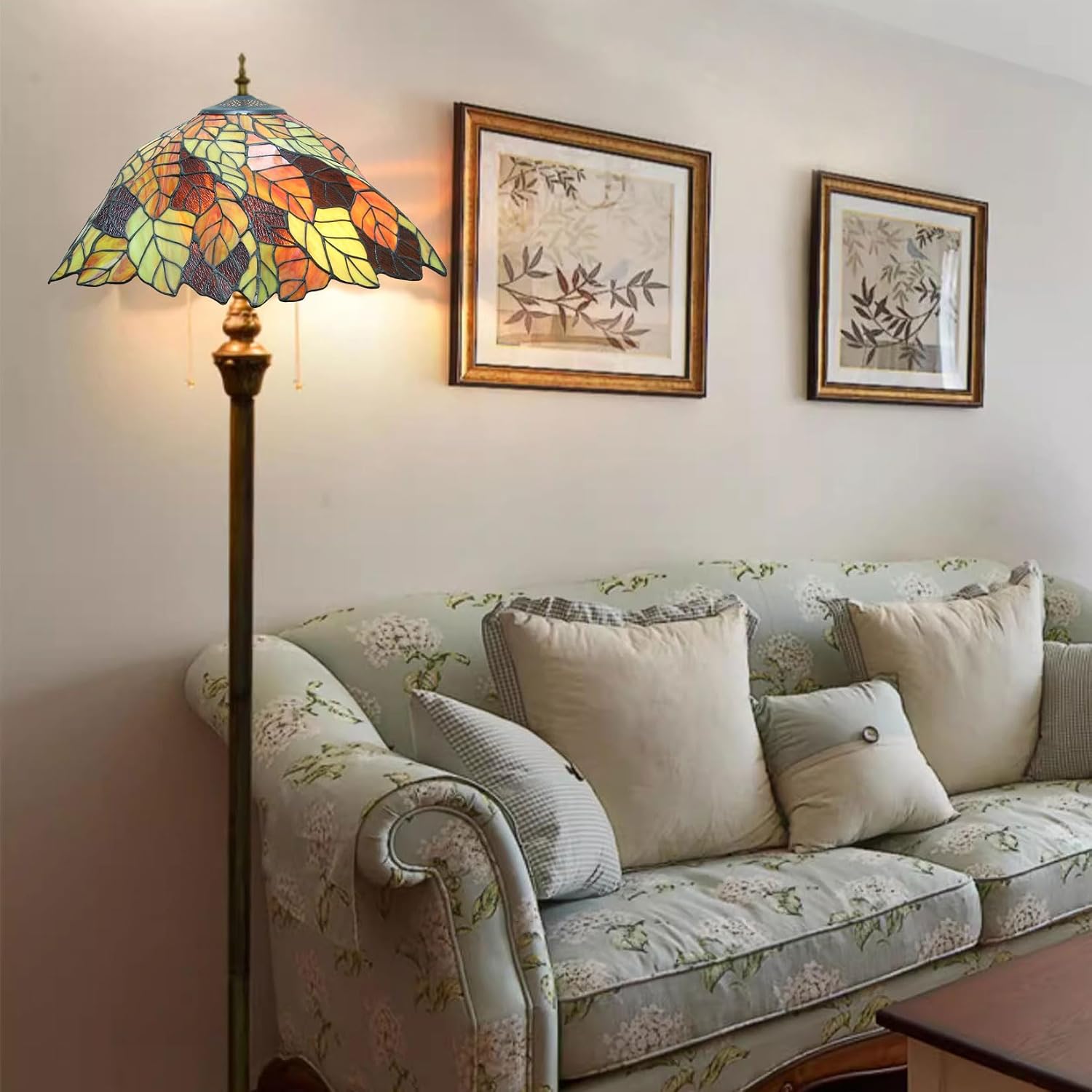 Tiffany Table Lamp Shade Replacement Only 20X9 Inch Stained Glass Lampshades, Pastoral Romance Yellow Green Leaf Light Cover for Desk Light Floor Lamp Pendant Light Study Reading Lamp