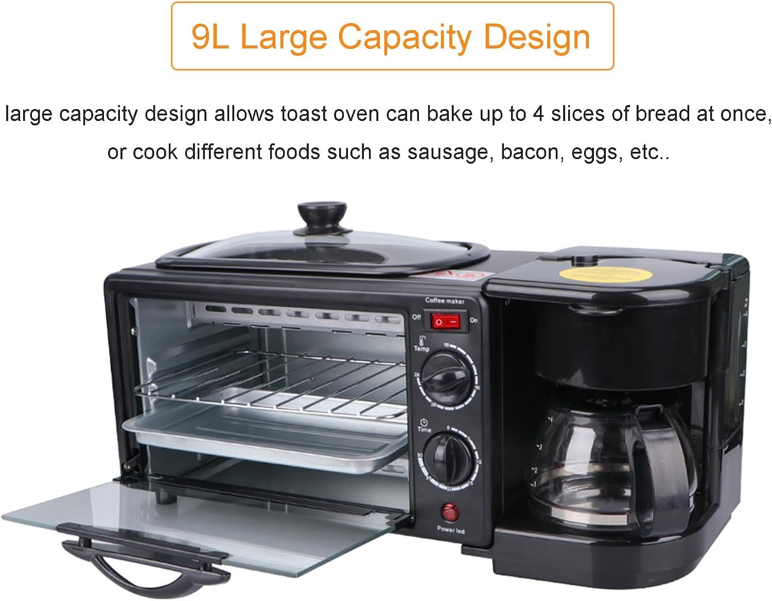 3 in 1 Breakfast Station with Coffee Maker, 1250W Electric Breakfast Maker 9L Non Stick Bread Toaster Oven with Frying Pan, Multi-Function Sandwich Maker Griddle Machine for Egg Bacon Sausages