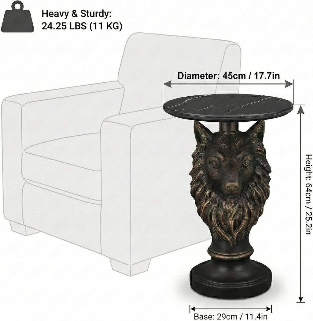 Wolf Head Sculptural Side Table with Faux Marble Top, 17.71' Round Resin Animal End Table, 25.2' H Unique Wolf Statue Decor for Living Room & Office, Gothic Housewarming Gift