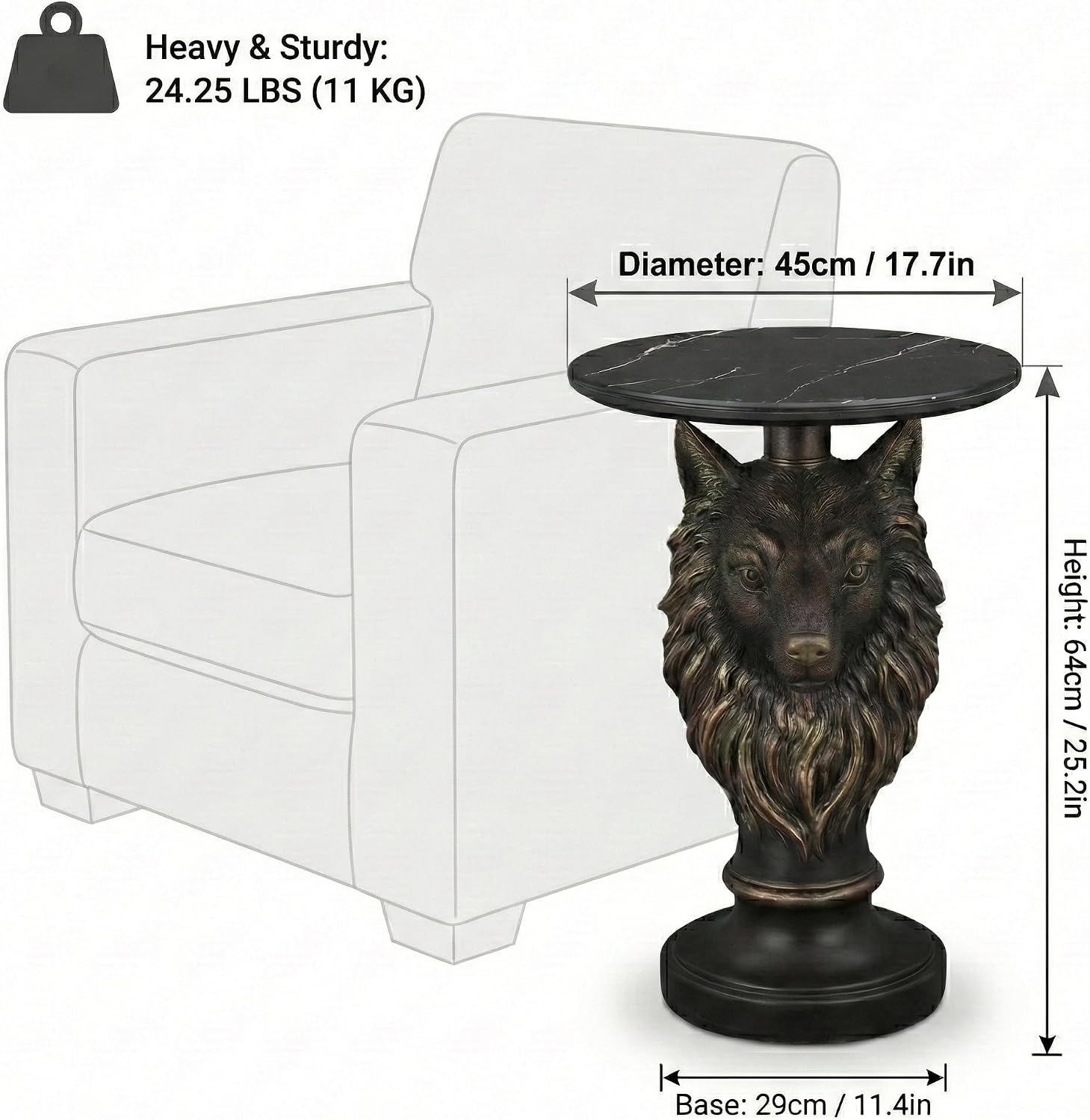 Wolf Head Sculptural Side Table with Faux Marble Top, 17.71' Round Resin Animal End Table, 25.2' H Unique Wolf Statue Decor for Living Room & Office, Gothic Housewarming Gift