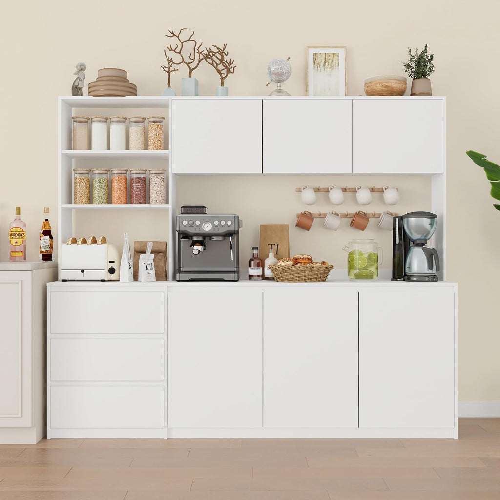 Bobve Large Kitchen Hutch Cabinet with Microwave Stand, Storage Cupboard Pantry with 3-Tier External Shelves and 3 Drawers, Ktichen Food Pantry with Open Countertop for Dining Room, White
