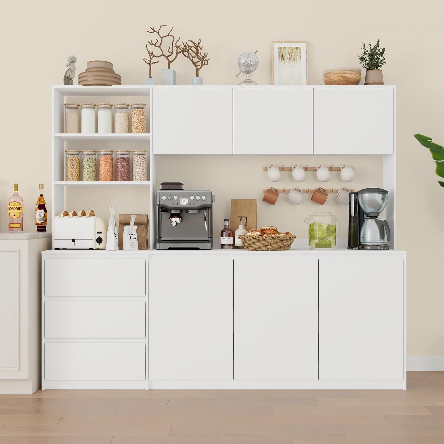 Bobve Large Kitchen Hutch Cabinet with Microwave Stand, Storage Cupboard Pantry with 3-Tier External Shelves and 3 Drawers, Ktichen Food Pantry with Open Countertop for Dining Room, White