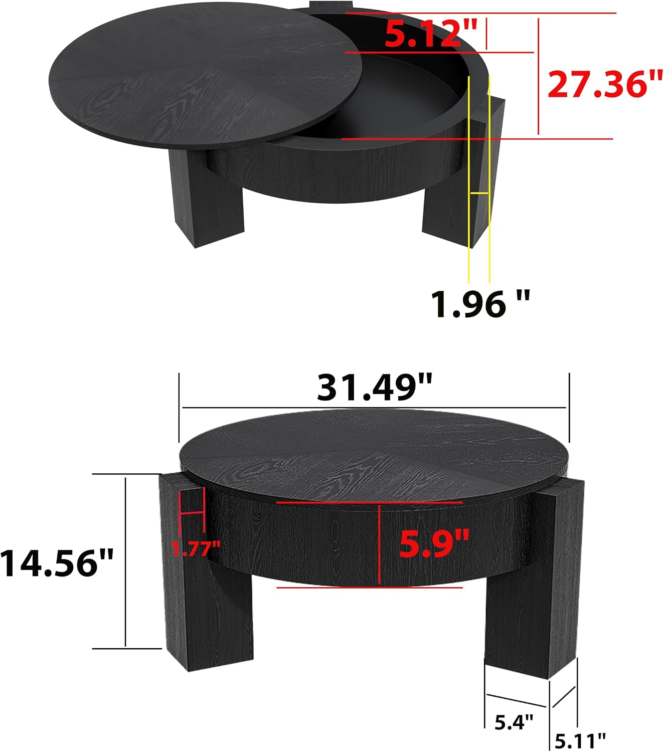 33'' Round Coffee Table with Hidden Storage, Modern Wood Veneer Top, 3 Block Legs Sturdy Center Accent Table for Living Room, Small Space, Black