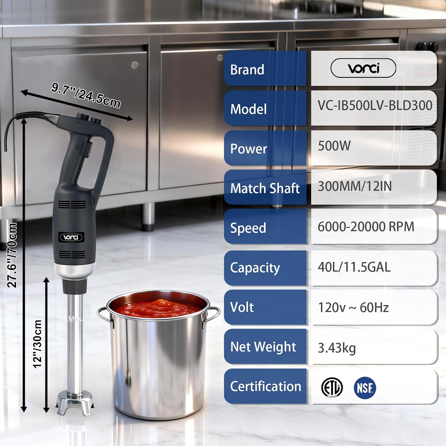 VONCI 500W Commercial Immersion Blender, 12' SUS 304 Removable Shaft, Heavy Duty Power Hand Mixer with Variable Speed 6000-20000RPM, Professional Electric Stick Blender for Restaurant Kitchen Use.