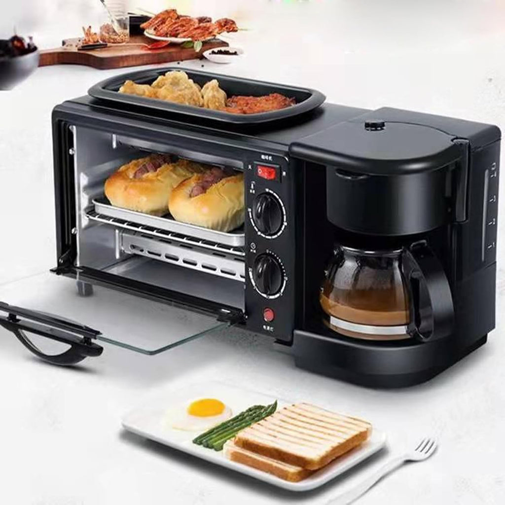 3 in 1 Breakfast Station with Coffee Maker, 1250W Electric Breakfast Maker 9L Non Stick Bread Toaster Oven with Frying Pan, Multi-Function Sandwich Maker Griddle Machine for Egg Bacon Sausages