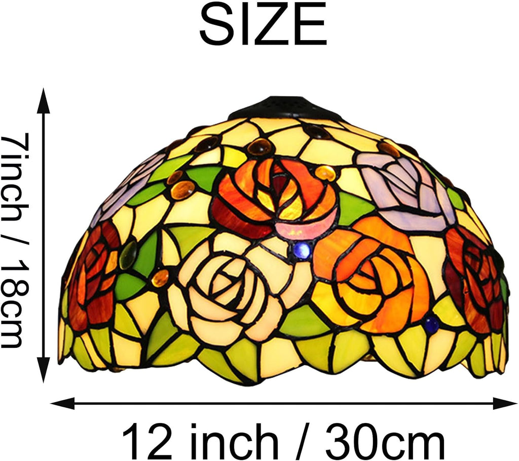 Tiffany Stained Glass Single Lampshade 12 Inch Colored Rose Table Lamp Shade Pendant Hanging Light Fixture Ceiling Lamp Replacement Shade Red Orange Blue Pink Flower Green Leaves,B2
