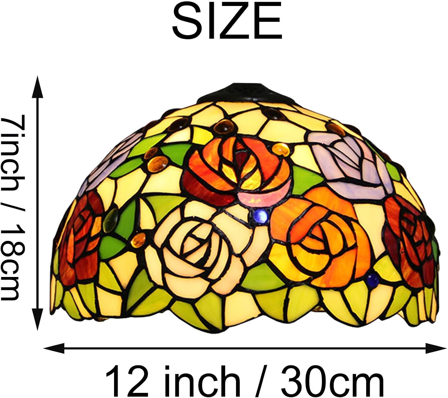 Tiffany Stained Glass Single Lampshade 12 Inch Colored Rose Table Lamp Shade Pendant Hanging Light Fixture Ceiling Lamp Replacement Shade Red Orange Blue Pink Flower Green Leaves,B2
