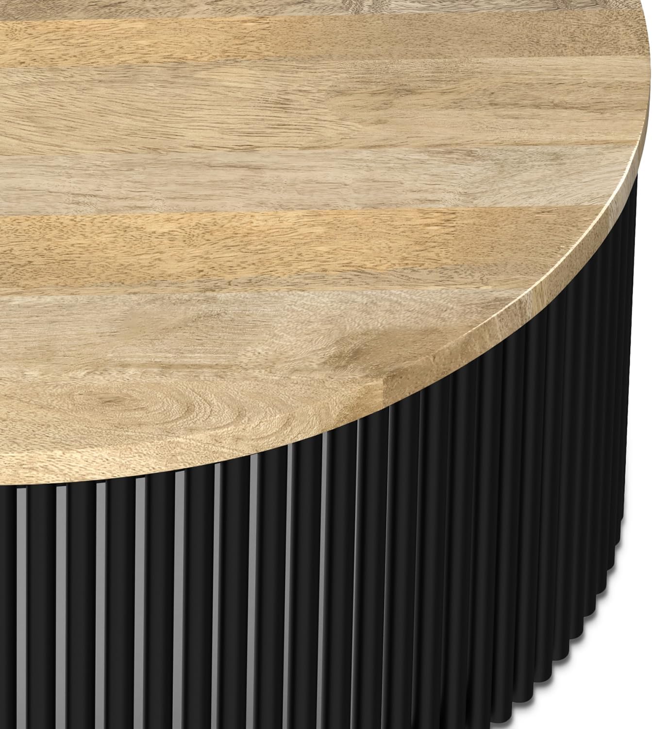 SIMPLIHOME Demy Coffee Table - 35 inch Wide Solid Wood Industrial Contemporary Round Cocktail Table in Natural and Black, Sculptural Living Room Table with Powder Coated Metal Base, Assembled