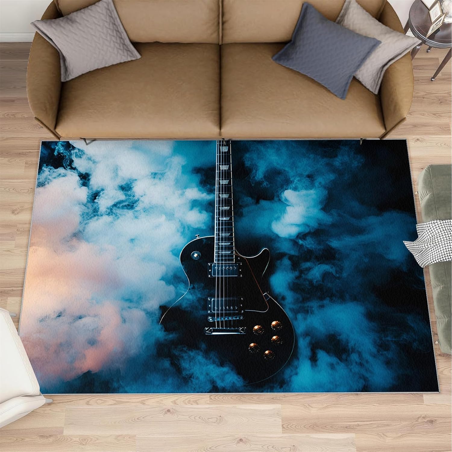 Guitar Rug for Bedroom 5x6 Rug Electric Guitar Rugs, Rock Music Theme Home Decor, Non Slip Washable Large Rugs, Musical Instrument Carpet for Boys and Girls Teen Playroom