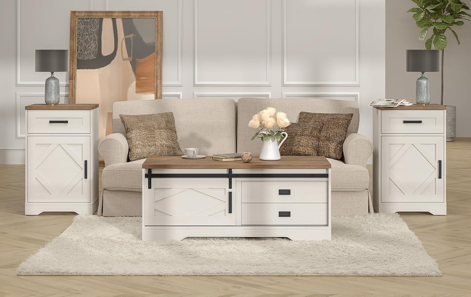 WAMPAT 32' H End Table for Living Room,Rustic Nightstand with Drawer & Barn Door, Farmhouse Bedside Table with Adjustable Shelf for Couch or Bedside, Antique White
