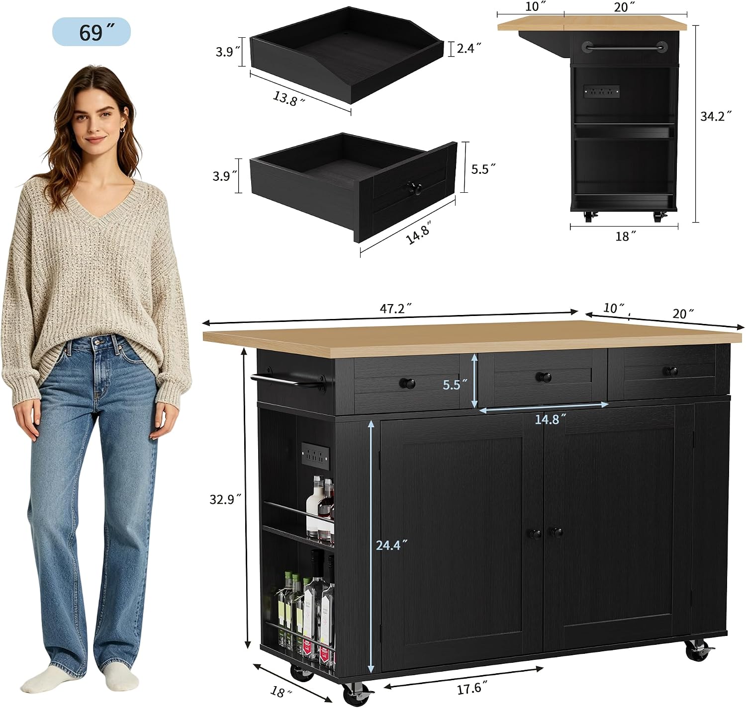 IDEALHOUSE Rolling Kitchen Island with Drop Leaf Countertop, Charging Station & Ample Storage - 47.2' Mobile Kitchen Cart On Wheels with Pull-Out Shelves, Drawers, Spice Rack & Organizer Divider
